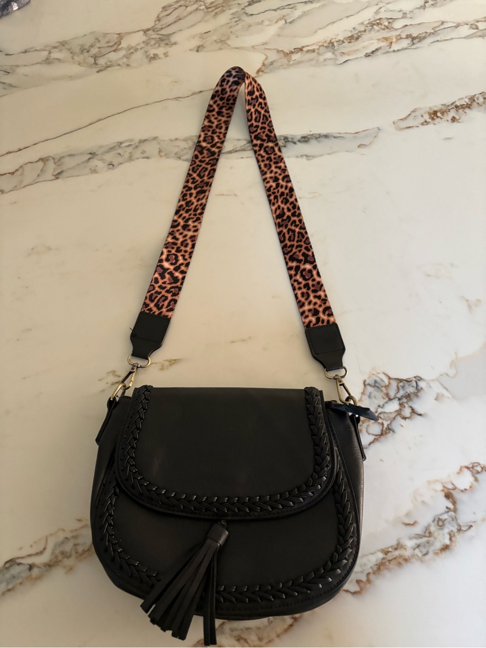 Black Saddle Crossbody with Leopard-Print Strap